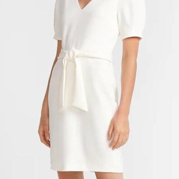 NWT Express Puff Sleeve Sheath Dress with Tie Waist in Winter White Size Medium - Picture 12 of 13